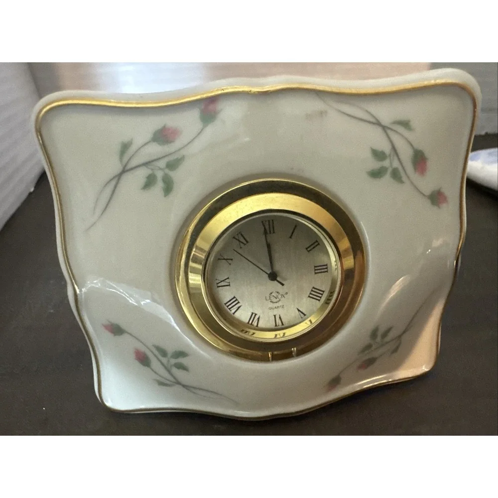 Lenox Rose Manor Small Porcelain Desk Clock‎ With Gold Trim & Flowers